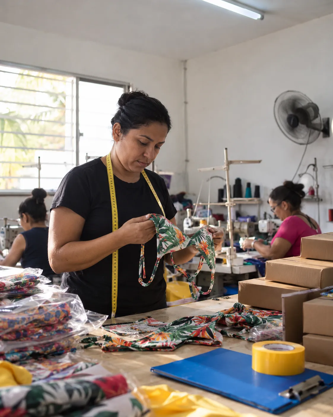 Dona de uma confecção de moda praia confere uma peça na expedição