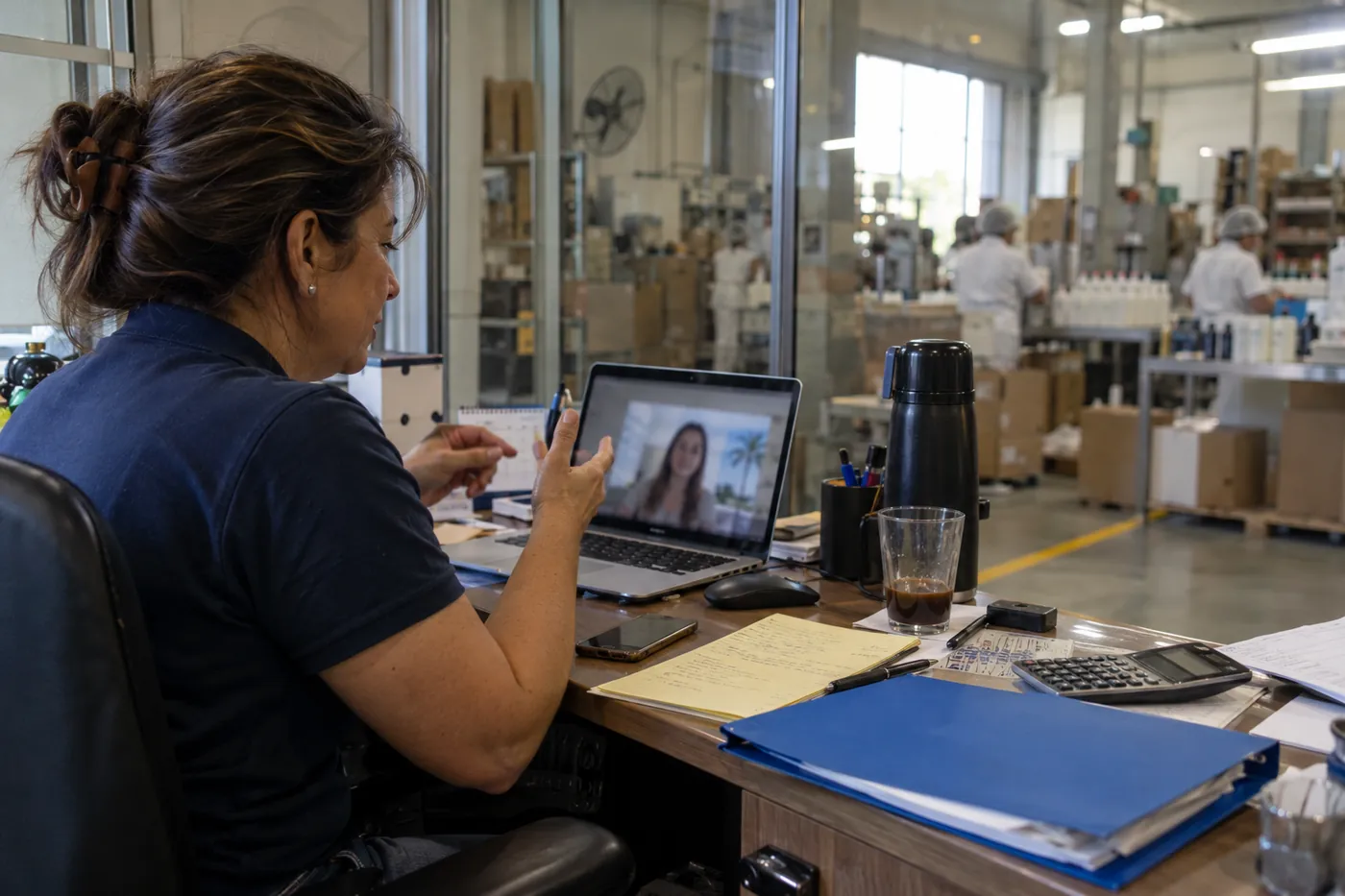 Dona de uma fábrica de cosméticos em videochamada pelo notebook, no escritório dentro do galpão