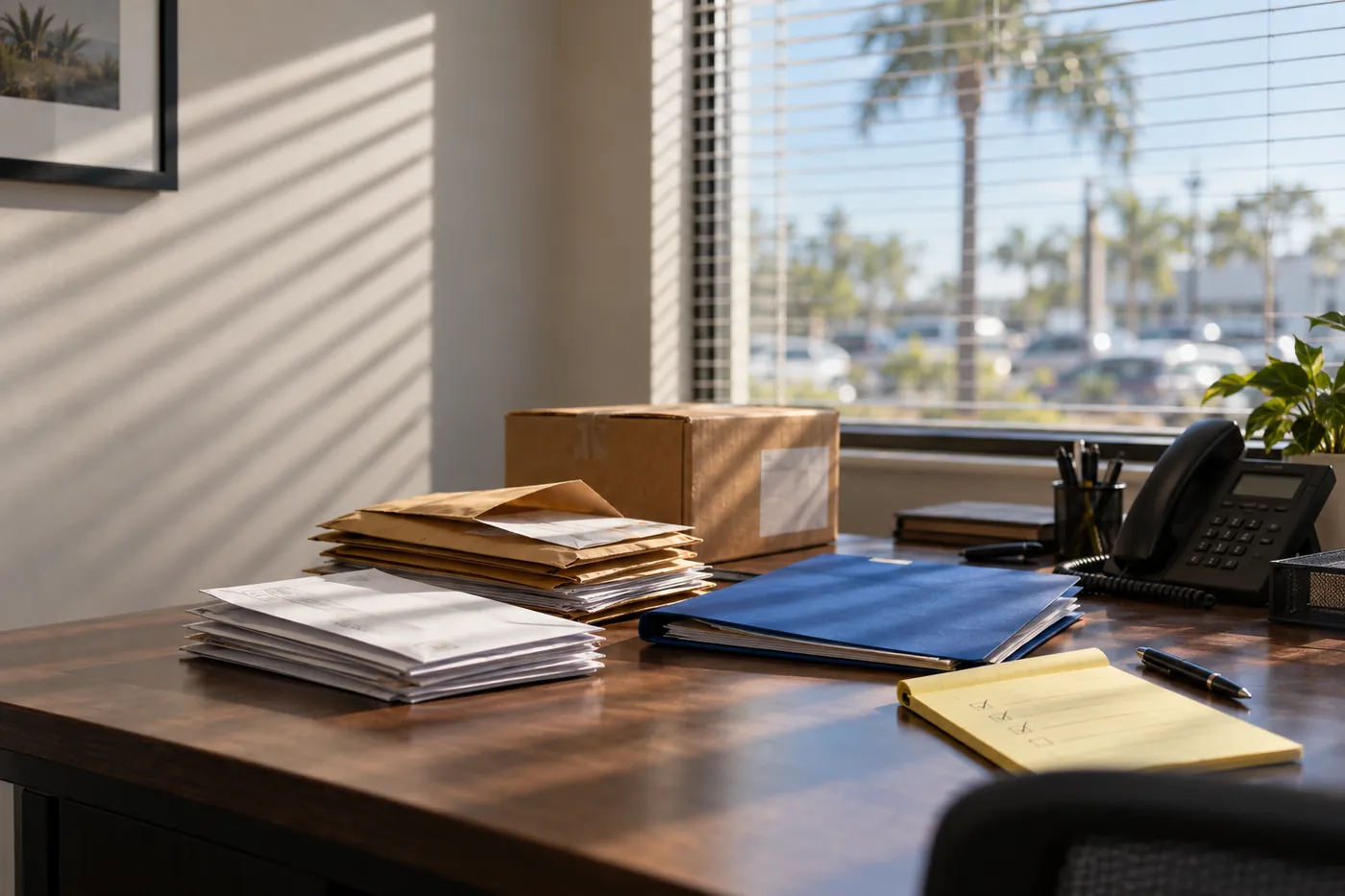 Mesa de escritório com envelopes recém-chegados, uma caixa com etiqueta de envio e uma pasta azul