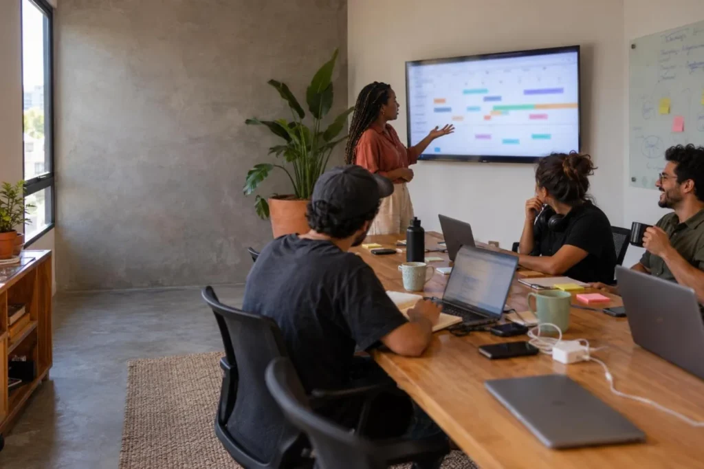 A dona de uma agência digital apresenta à equipe a linha do tempo do ano numa TV da sala de reunião