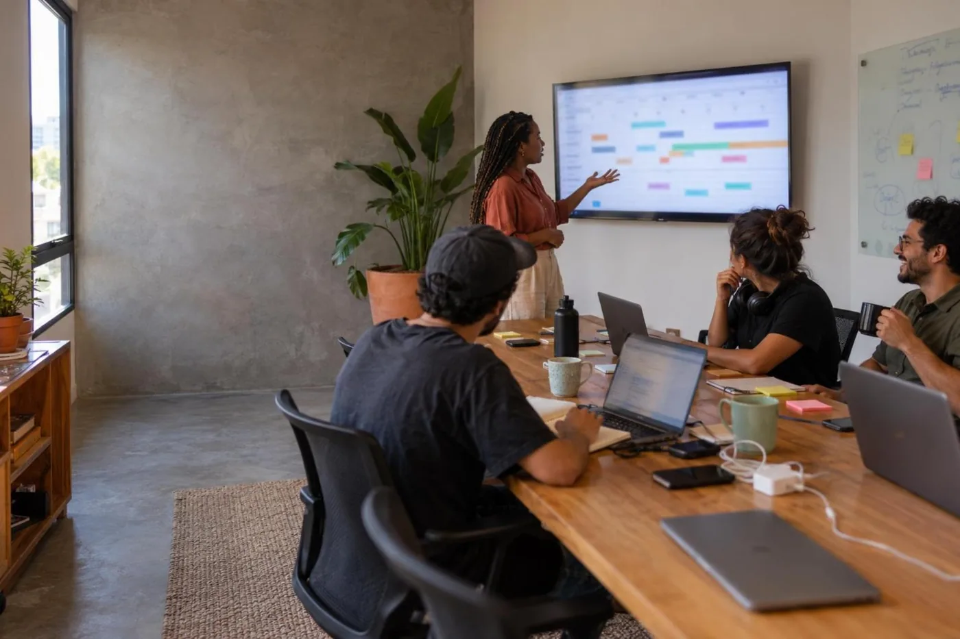 A dona de uma agência digital apresenta à equipe a linha do tempo do ano numa TV da sala de reunião