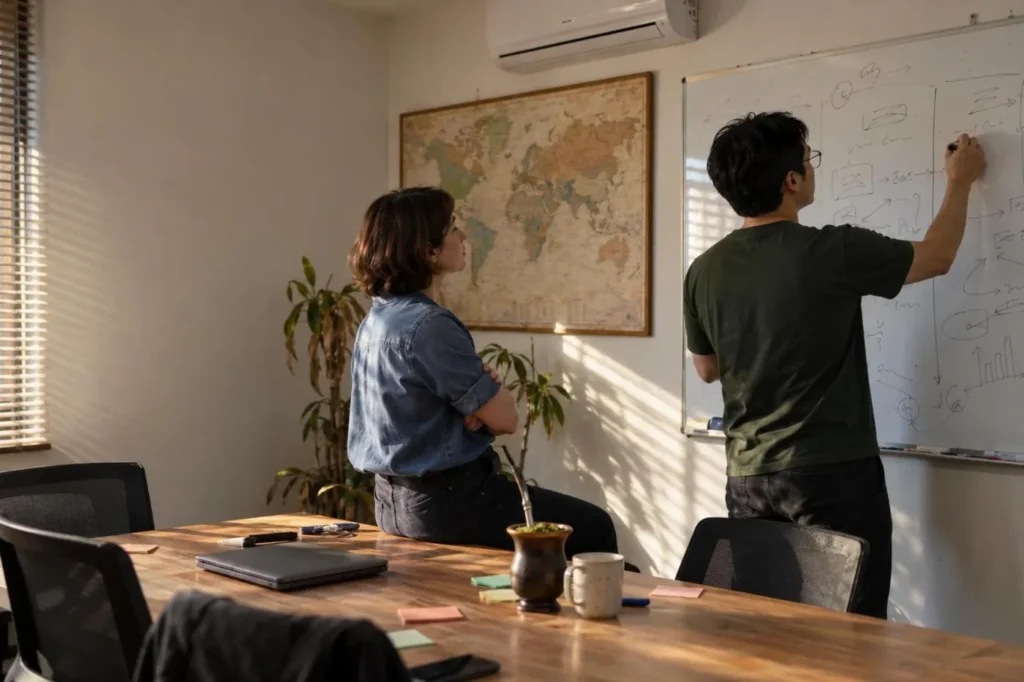 Dois sócios de uma empresa de software discutem caminhos num quadro branco, com uma cuia de chimarrão na mesa