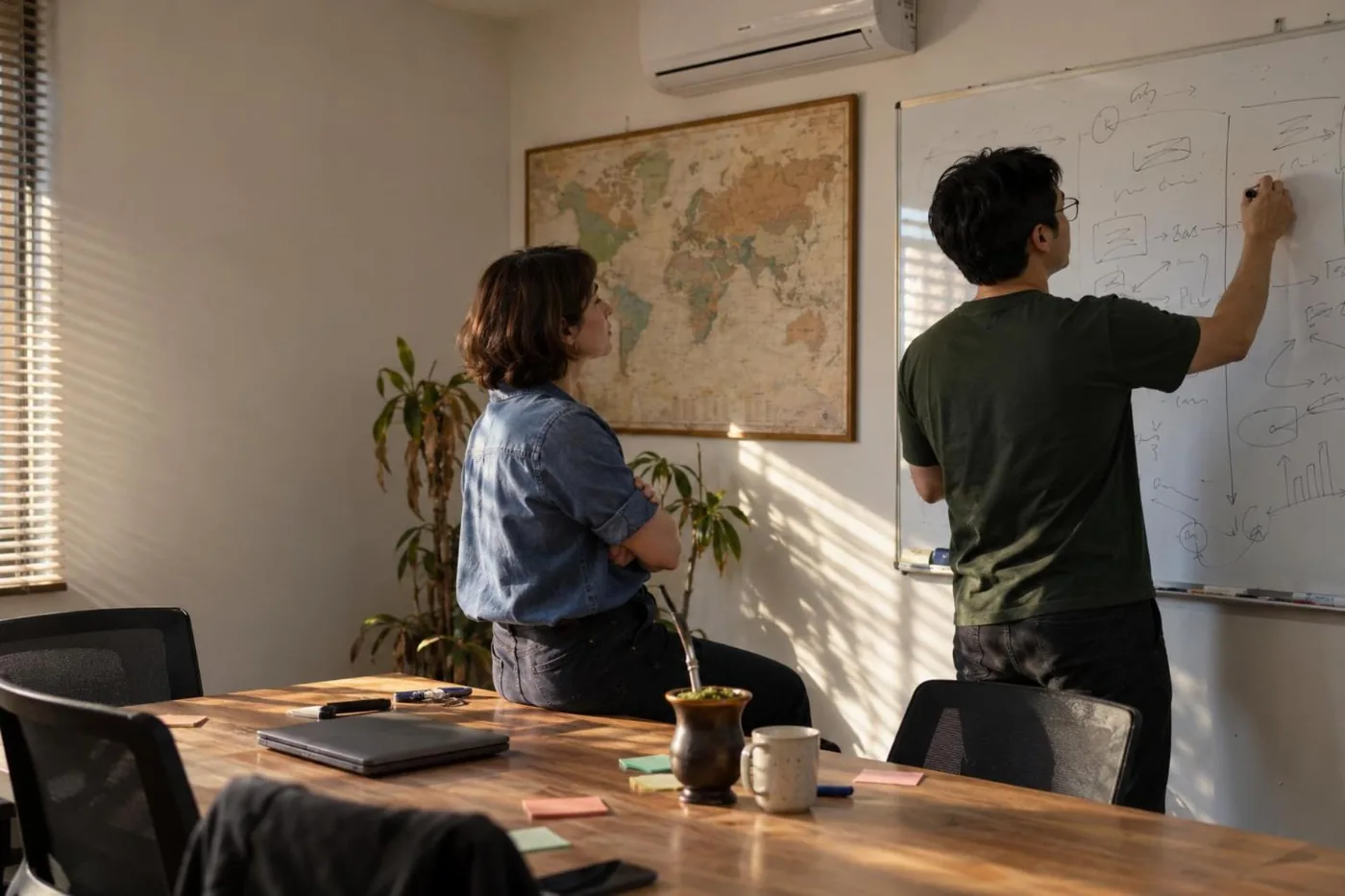 Dois sócios de uma empresa de software discutem caminhos num quadro branco, com uma cuia de chimarrão na mesa