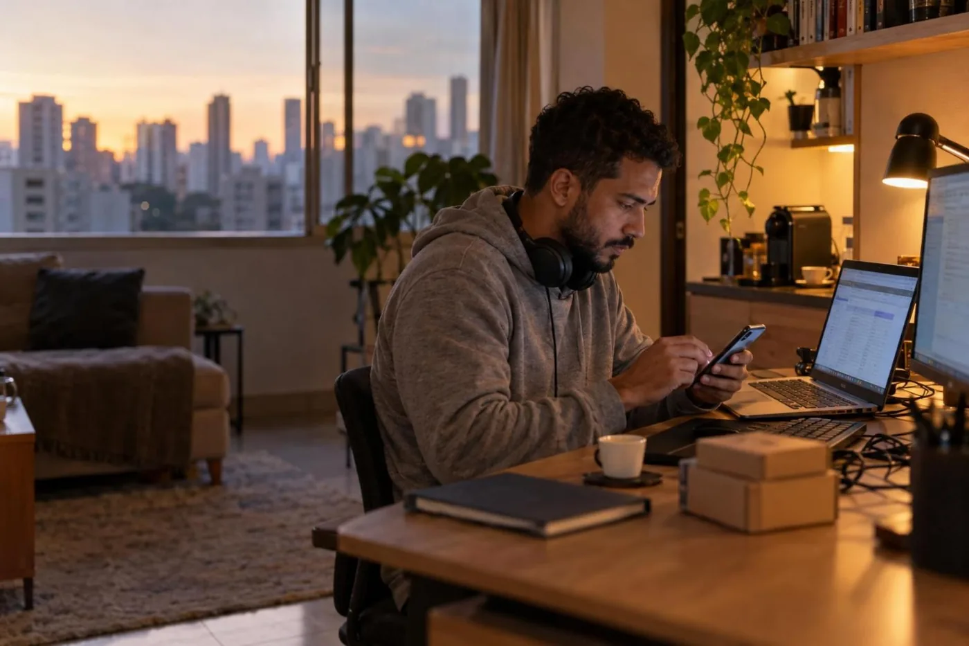 Vendedor online faz contas no celular na mesa de trabalho de casa, no fim da tarde, com a cidade na janela